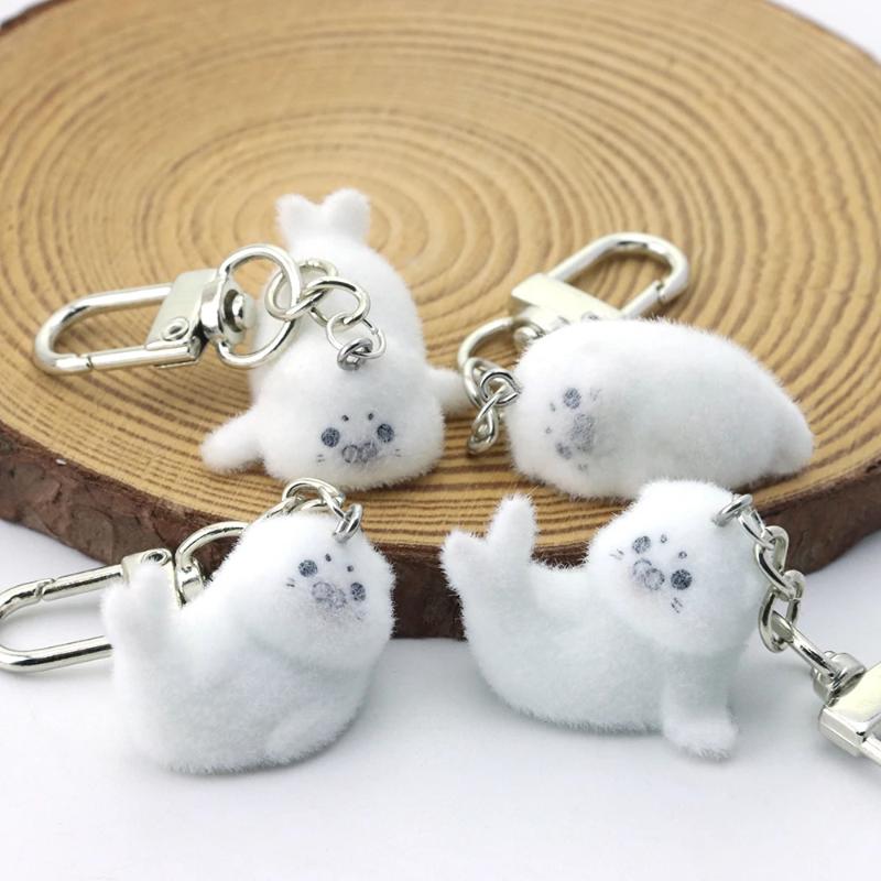 1Pcs Animal Plush Dolls Pendant Cute Flocking Resin Seal Love Keychain For Bag Mobile Phone Charms Home Decoration Crafts