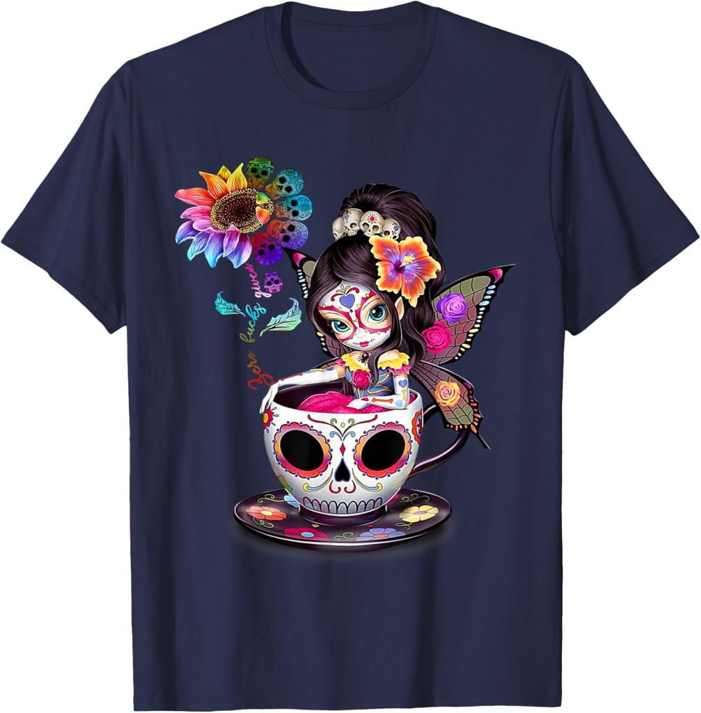 Sugar Skull  Riding Teacup Rainbow Sunflower Day Of The Dead Graphic Tee Casual Cotton T-Shirt