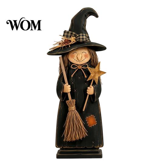 Rustic Wooden Witch Craft for Desk Ornament, Retro Halloween Figurine with Broom/Pumpkin/Black Charming Decor Autumn Parties Cat, Creative Tabletop