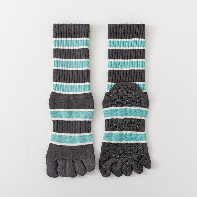 Spring and Summer Bright Striped Mid-calf Split-finger Cotton Socks, High-top Yoga Fitness Sports Anti-slip Socks, Five-finger Socks Pilates