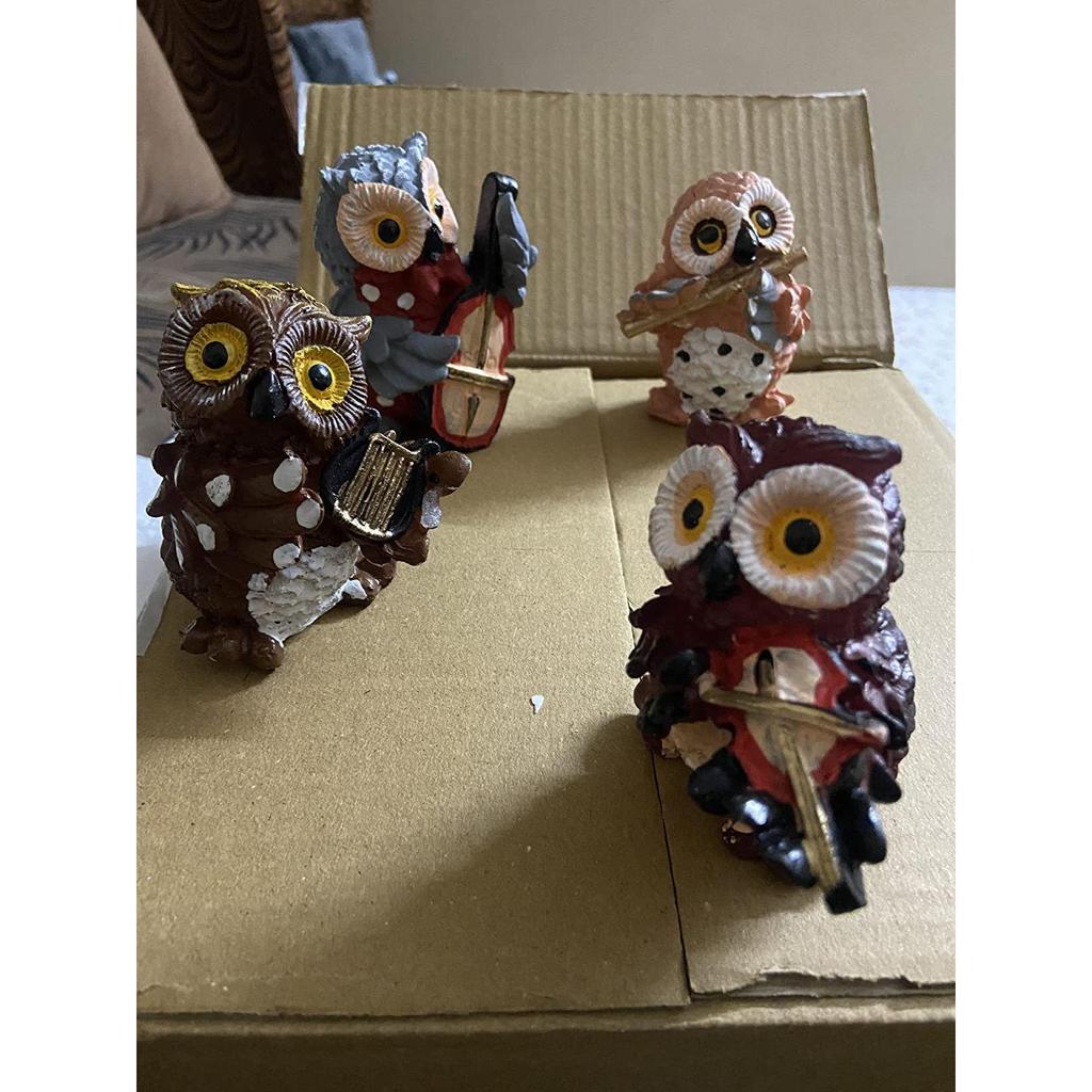 Set mit 4 Eulen, die Musikinstrumente spielen. Schaustückfiguren, Gartenstatuen, Dekorationsartikel für die Dekoration zu Hause und im Freien (Multicolor)