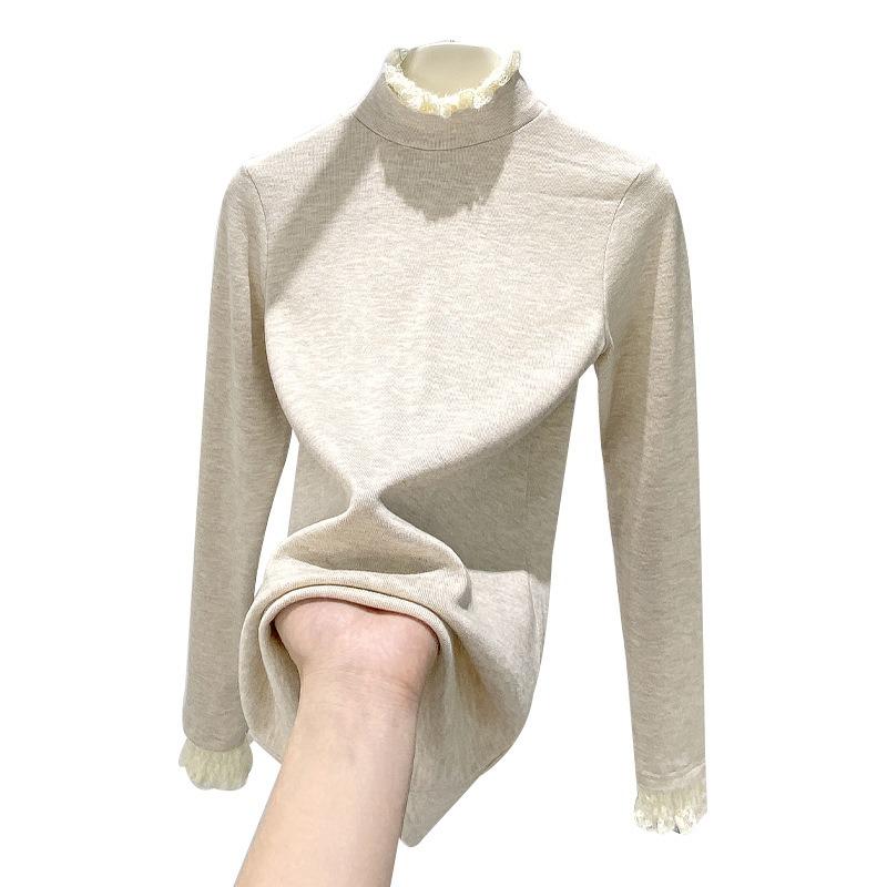 Lace splicing semi-turtleneck bottoming shirt women's autumn and winter threaded sweater lace knitted sweater inner top