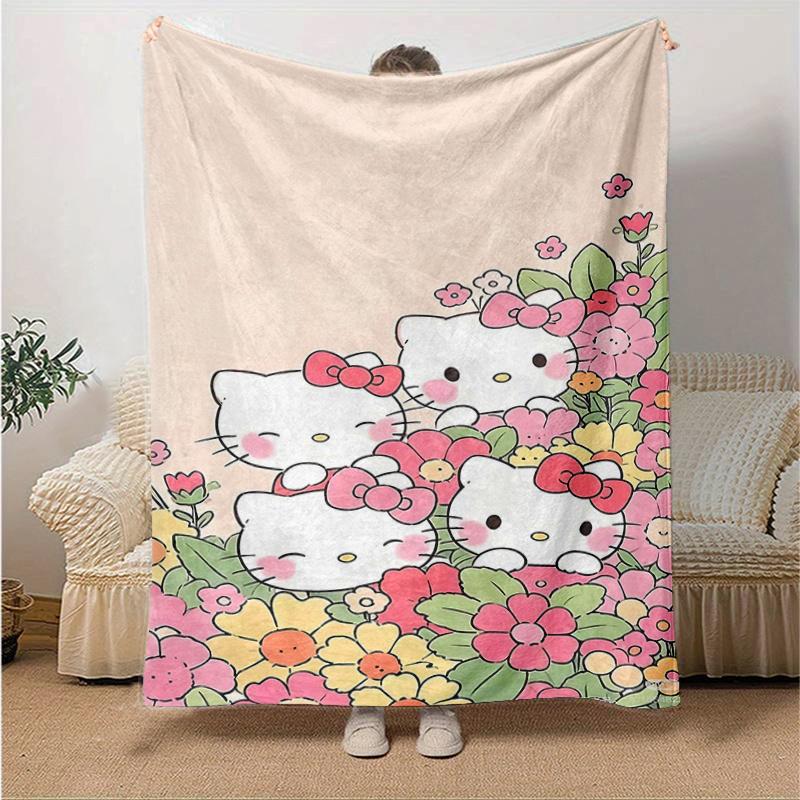 

1pc Hello Kitty in a Field of Flowers Blanket, Soft Throw for Home Decor, Gift Idea, Suitable for All Seasons, Living Room, Travel, Camping, Car Blank 130x150cm
