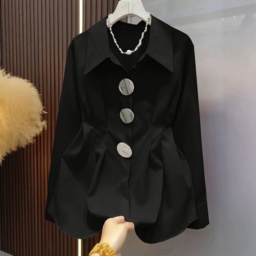 Black Collar Waist Cinched Pleated Shirt Women's Large Metal Button Commuting Long Sleeved Chic Top