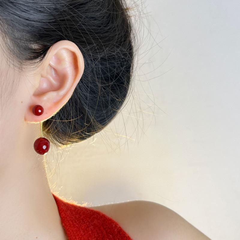 Women Elegant Two Ways Wearing Red Pearl 925 Silver Needle Stud Earrings