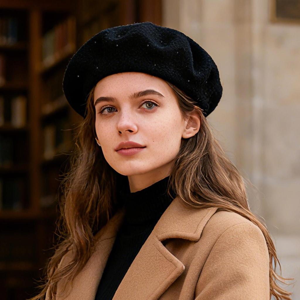 A Women's Beret Knitted Woolen Hat with Autumn and Winter Thick Ear Protection Wool Hat and Shiny Diamond Decoration