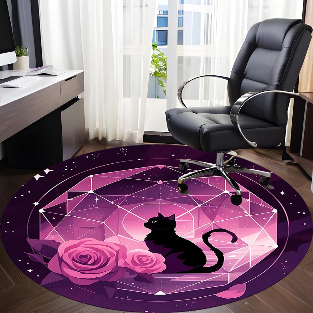 1pc Cat Roses Office Round Area Rug, Indoor Mat Suitable ForOffice, Under Office Chairs Bedroom Living Room Home Decor, Room Deco T130