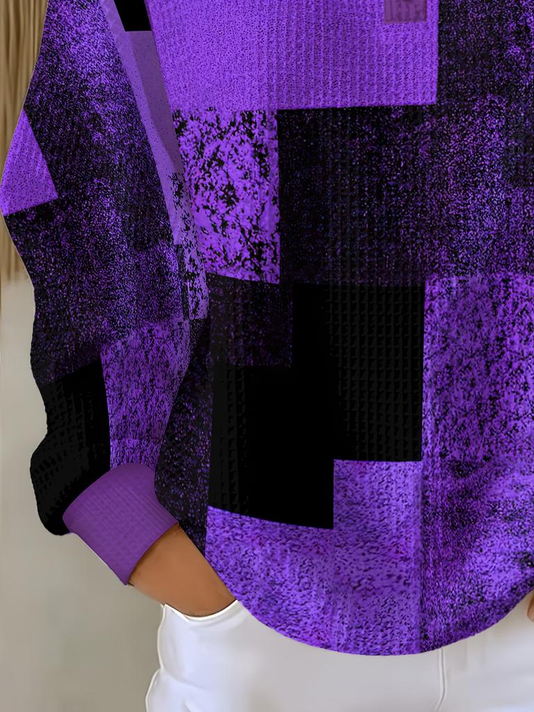 Women's Waffle Henley Collar Button-down Long-sleeved Top Purple and Black Contrast Patchwork Square Print Casual Pullover