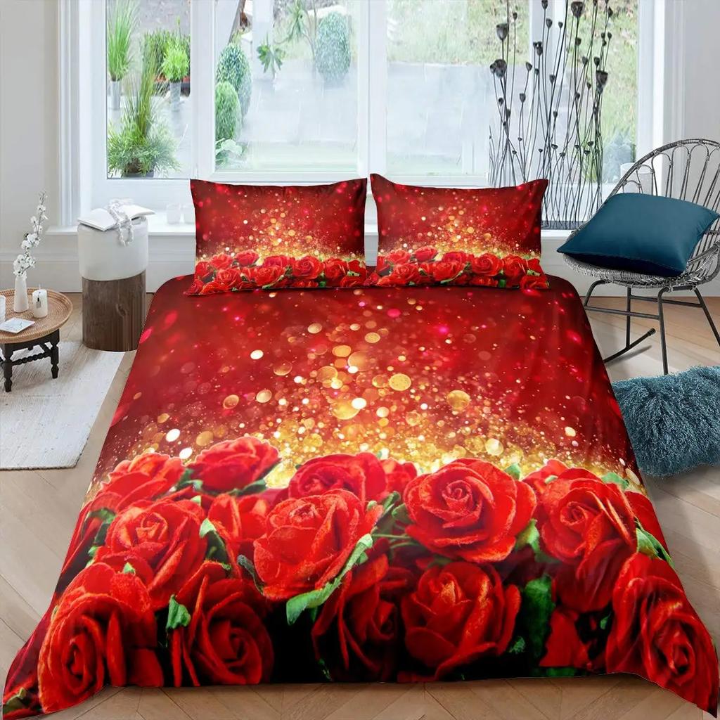 Valentine's Day Rose Duvet Cover Set Romantic Couple Theme Bedding Set 3D Rose Comforter Cover Set Love Bedspread Twin King Size