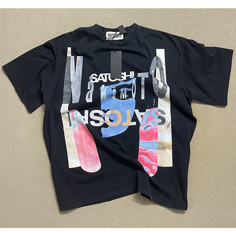 Top Quality Cotton Unisex Unisex Unisex Vintage Washed Black T Shirt Letters Logo Graphics Print Satoshi Nakamoto Tshirt Summer Tee