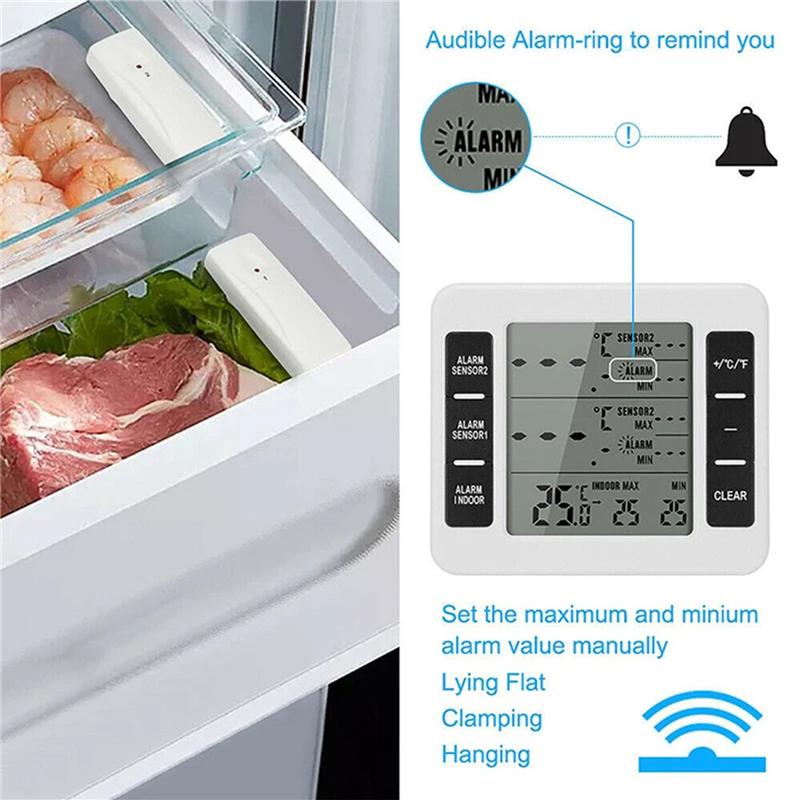 Fresh 2Set Wireless Freezer Thermometer 2 Remote Sensors Alarm Low Temperature Refrigerator Thermometer Clock