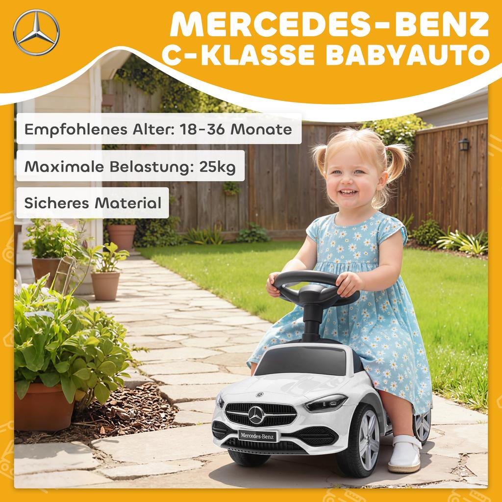 Auto Giocattolo Ufficiale Mercedes-Benz, Camminatore Scivolante Piede su Pavimento con Clacson, Suoni del Motore e Vano Portaoggetti Sotto il Sedile, Bianco