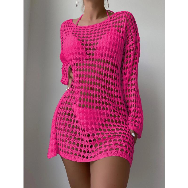 

Женские накидки на бикини, сетчатый ажурный трикотажный купальник, пляжная рубашка от солнца, лето One size розы красного