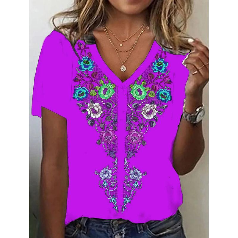 

Женская футболка Бохо этнический цветок 3D печать ретро Y2k топ уличный Харадзюку оверсайз V-образный вырез женская одежда XL