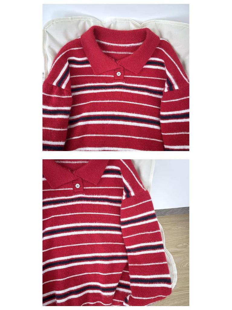 Men's Autumn/Winter High-End Retro Polo Collar Striped Mink Fur Sweater