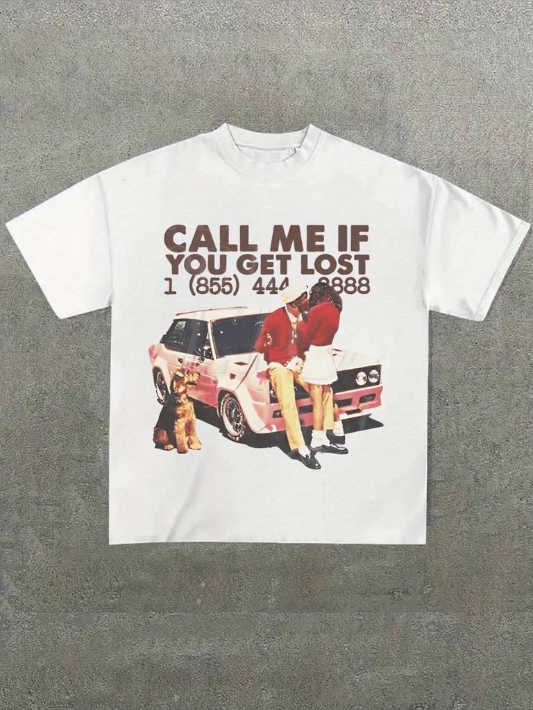 Summer Men's Funny Vintage Phone Number Graphic T-Shirt Retro "Call Me If You Get Lost" Tee White Casual Loose Streetwear Tops