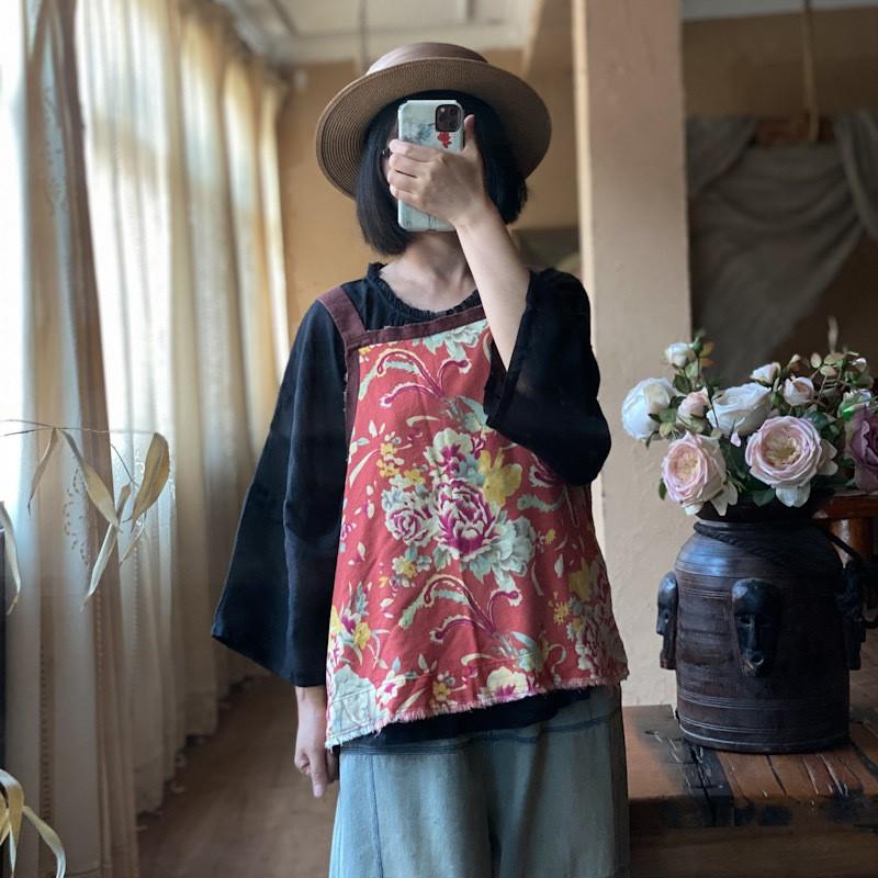 Johnature Verano Mujer Lino Cuello Cuadrado Tops sin Mangas Holgados Vintage Estampado Lavado Desgastado Tops sin Mangas Casuales