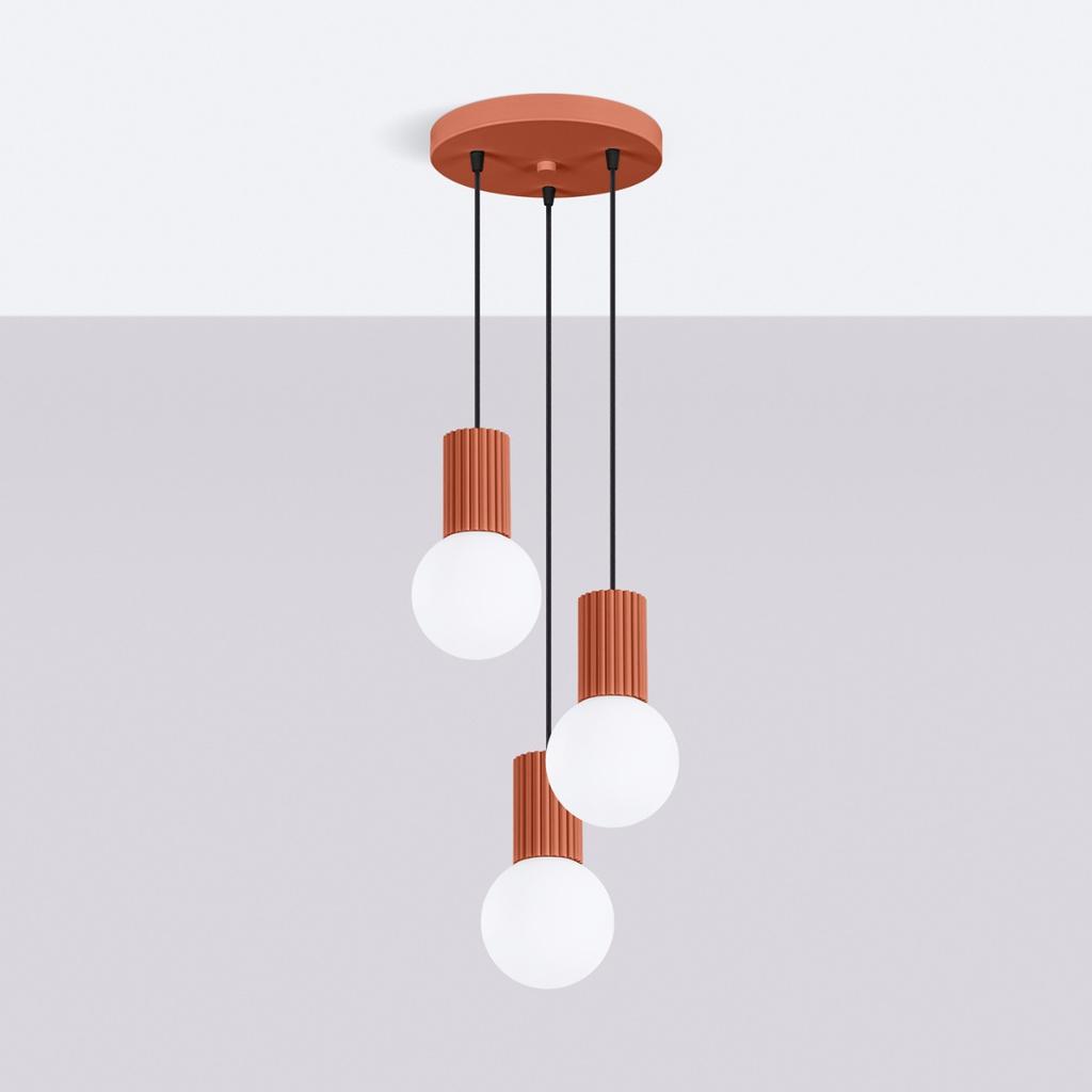 Lampa Wisząca Nowoczesna Okrągła Potrójna Ochra Czerwona Ryflowana Szklane Białe Kule Do Salonu Jadalni Nad Stół 3Xg9 8W Halo Sollux Lighting