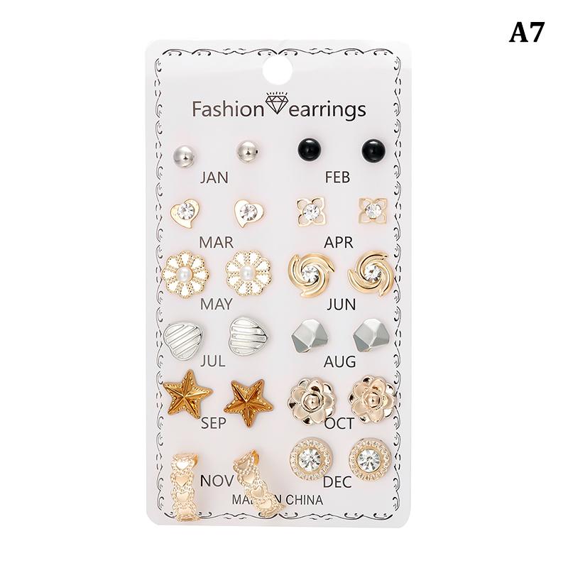 12Pairs Combination Stud Earrings Set  Imitation Pearl Flower Heart Star Small Earrings For Women Mix Style Month Jewelry