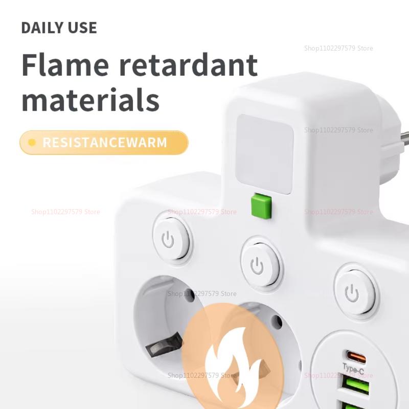 EU Plug Socket Adapter Wireless Wall Charger Power Strip with 4 AC Outlets +2 USB Ports+ 1 Type C 6-in-1 Plug Socket Adapter