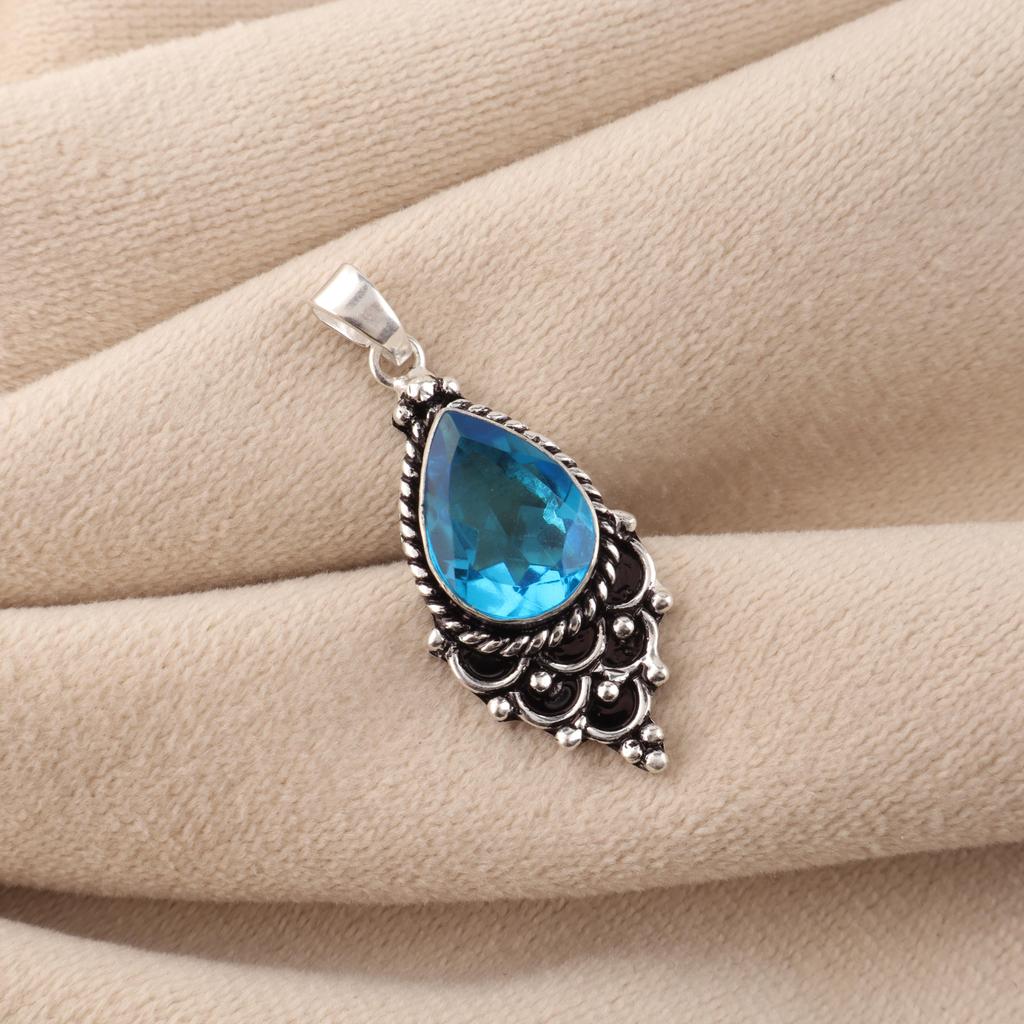 Swiss Blue Topaz Gemstone 925 Sterling Silver Jewelry Statement Designer Pendant 1.5" For Her PP-70-13