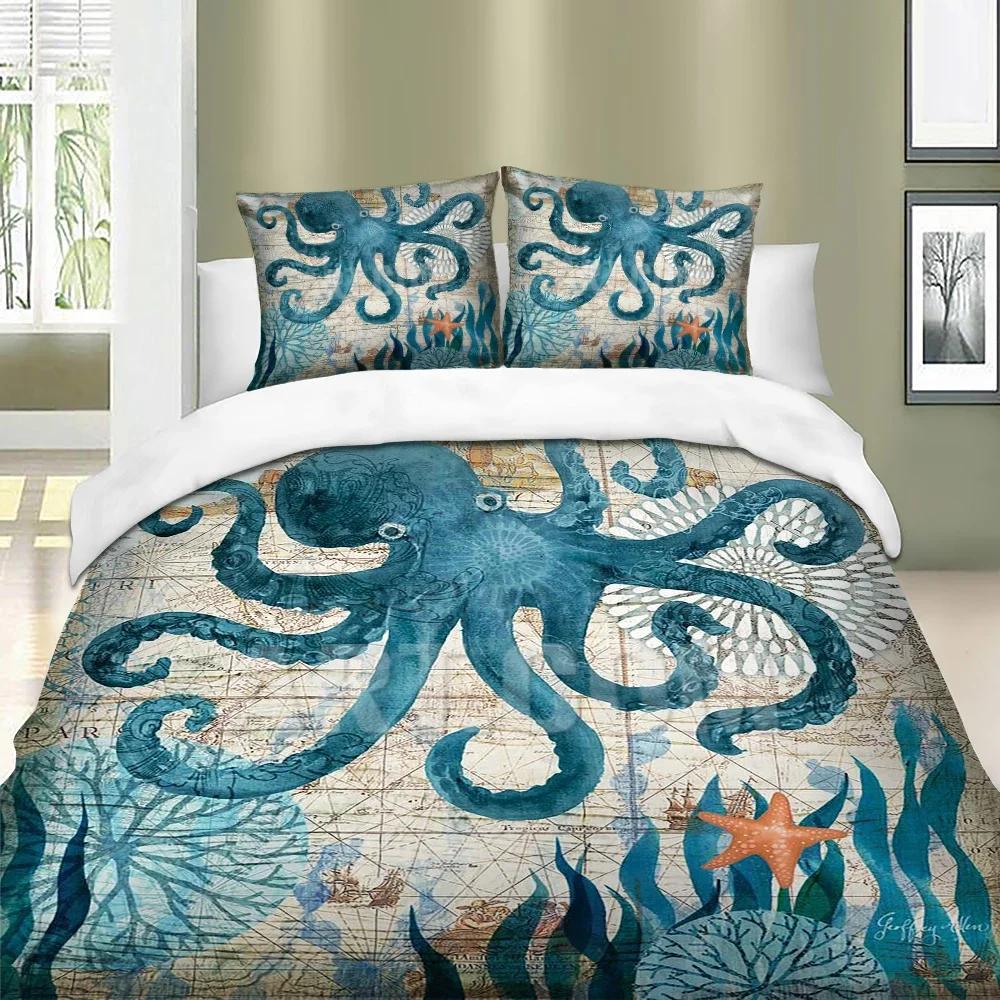 Comforter 3D Starfishseaweed +Pillow Case Print Octopus Winter Home Bedding Set King Size Breathable Set Blue Aq