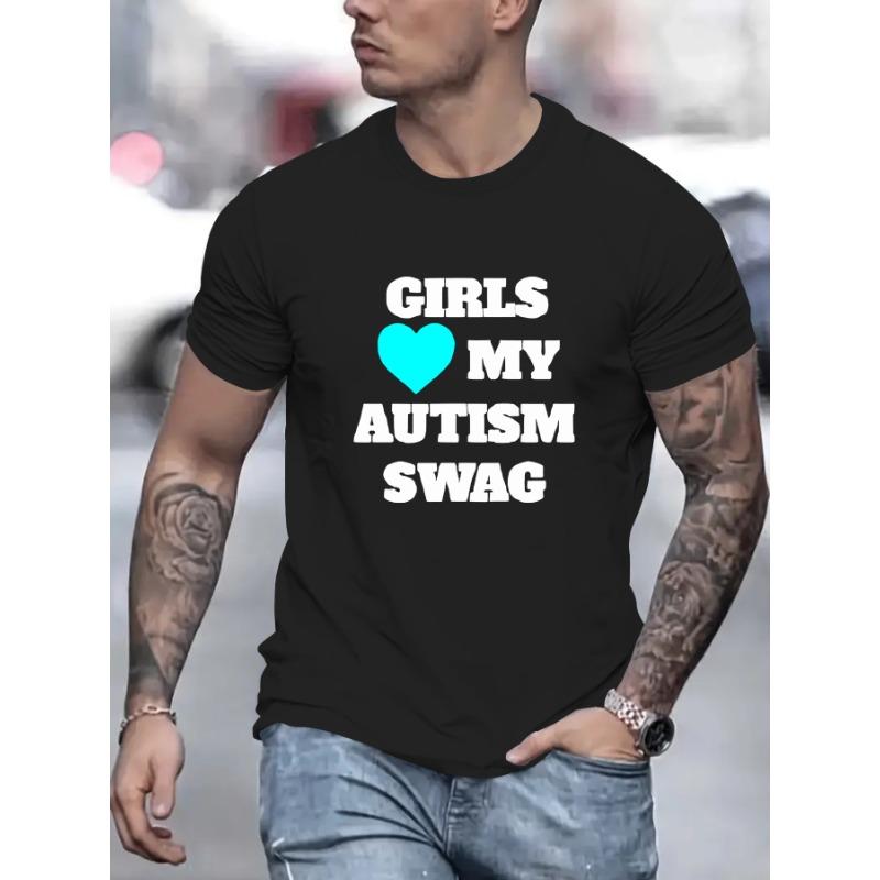 

European sizes Girls Love My Autism Print, Men s Round Crew Neck Short Sleeve, Simple Style Tee Fashion Regular Fit T-Shirt S чёрный