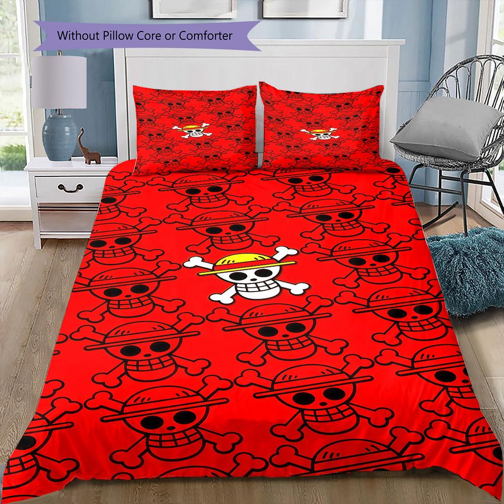 One Piece Straw Hat Pirates Pattern Bedding Quilt Set Quilt Cover Pillowcase Home Birthday Gift(1 * Duvet Cover + 2 * Pillowcase, Without Core)