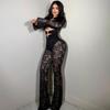 2025 Fall/Winter European American Style Long Sleeve Hollow Out Buckle Top & Sexy Lace Pants Set