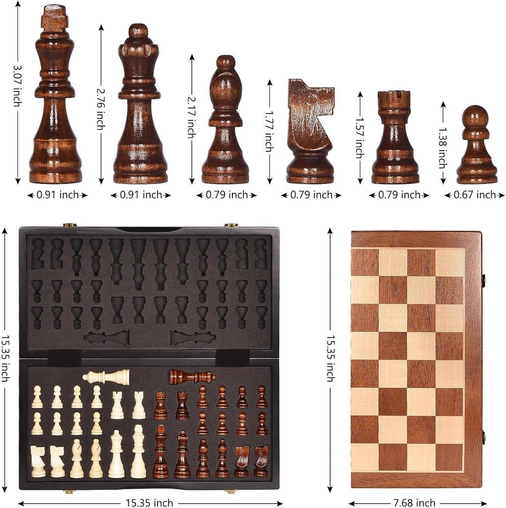 Magnetic Wooden Chess Set 15' with Storage, Portable Folding Travel Chess for Kids & Adults, 2 Extra Queens