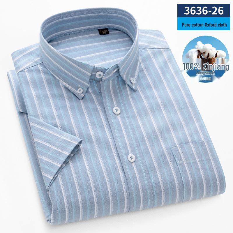 Herr sommar Oxford bomull kortärmad skjorta - Business Casual, Enzymtvättad, Antibakteriell