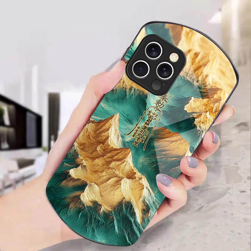 Golden Lotus Powder For IPhone 16 Pro Max 11 12 Mini 13 14 P Lus 15 Plus 7 8 Se 2020 X Xs Elliptical Tempered Glass Phone Case