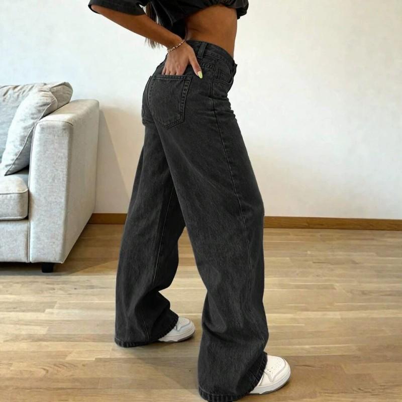2026 High-Waisted Wide-Leg Straight Cut Denim Pants Women Water Washed Cotton Blend Loose Fit