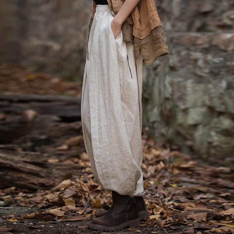 

Жіночі брюки в китайському стилі, брюки з еластичним поясом, осінні лляні штани, однотонні штани з кишенями в стилі печворк One Size