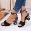 Mode Damen 2024 Sommer Schuhe Eckige Hohe Sandalen Vintage Blumendruck Offene Zehen Hohe Absätze Frau Lässig Schnalle Knöchelriemen Sandalen