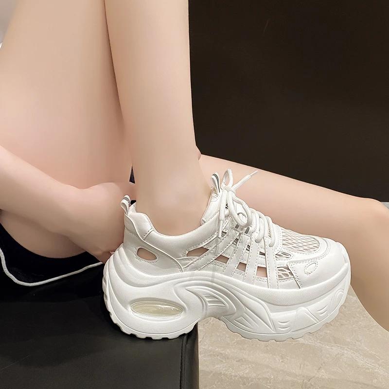 Fashion 7CM Women Breathable Mesh Sports Sneakers Summer Casual Shoes Wedge Heels Comfortable Casual Footwear Hollow out Leather Sandals