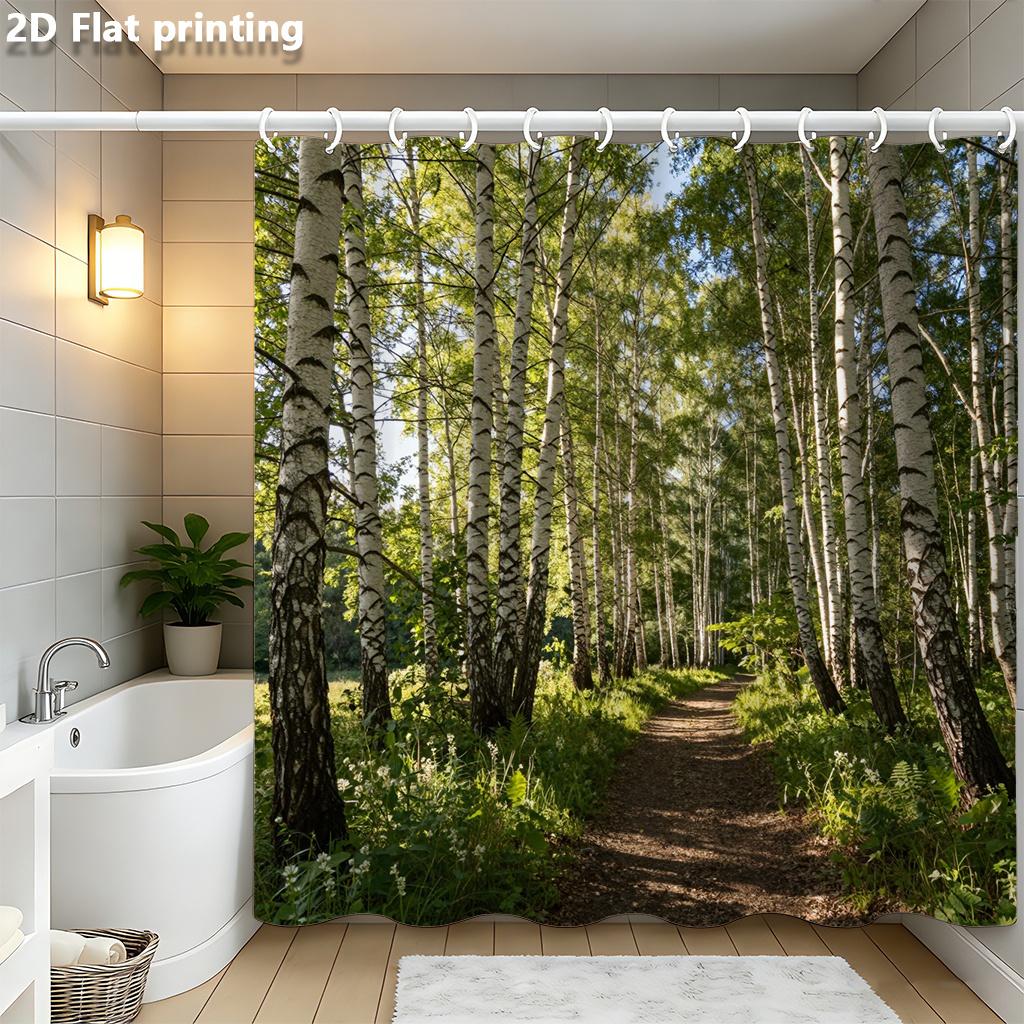 

Birch Forest Path Shower Curtain 1Pc Polyester 2D Flat Print 70.8X70.8 Inch Realistic Green White Woodland Scene Bathroom Decor W60H190(CM)-1 Pcs