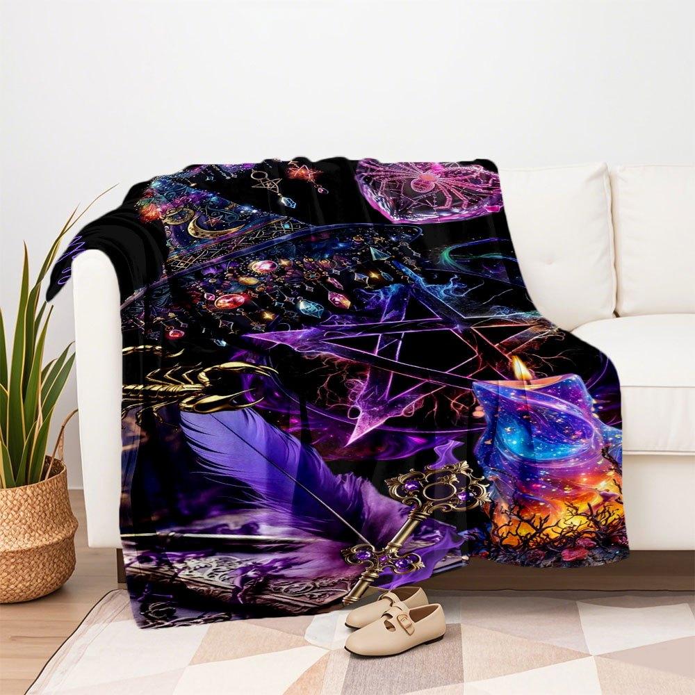"Enchanted Witchcraft Decor: Spellbinding Candles, Pentagram, and Feather Set"Blanket Flannel Throw Blanket for Sofa, Bed, Travel, Camping, Office