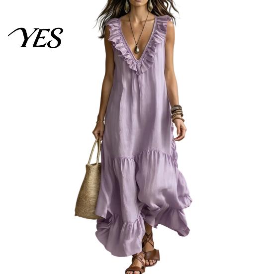 Versatile Daily Wear Dress Women's Deep V Neck Ruffle Trim Maxi Dress, Sleeveless Loose Lightweight Polyester Flowy Beach Sundress, Summer Casual