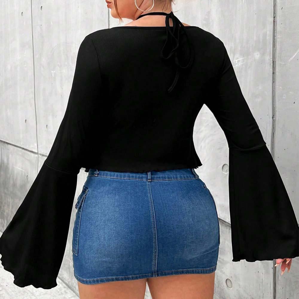Spring/Summer European and American plus-size women's U-neck flare-sleeve T-shirt, elegant design and solid color top