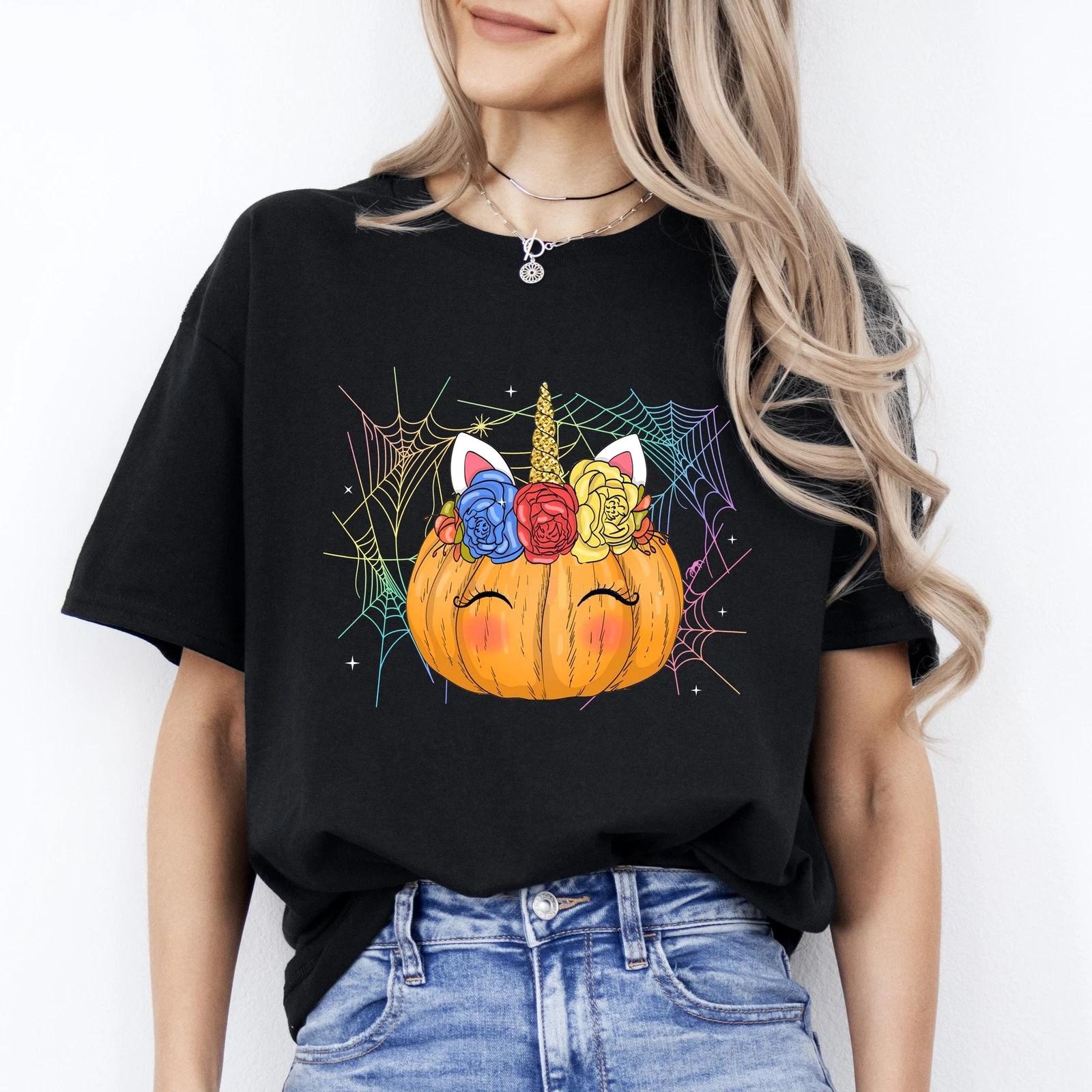 Unicorn pumpkin Halloween Unisex T-Shirt Cute Unicorn spooky season tee Black Da M