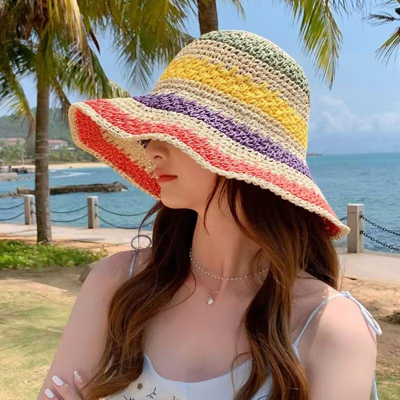 Regenbogen Strohhut Damen Sommer Sonnenschutz Handgehäkelt Großer Rand Eimerhut Damen Strand Sonnenhut Boho Dame Mädchen Mode Hüte