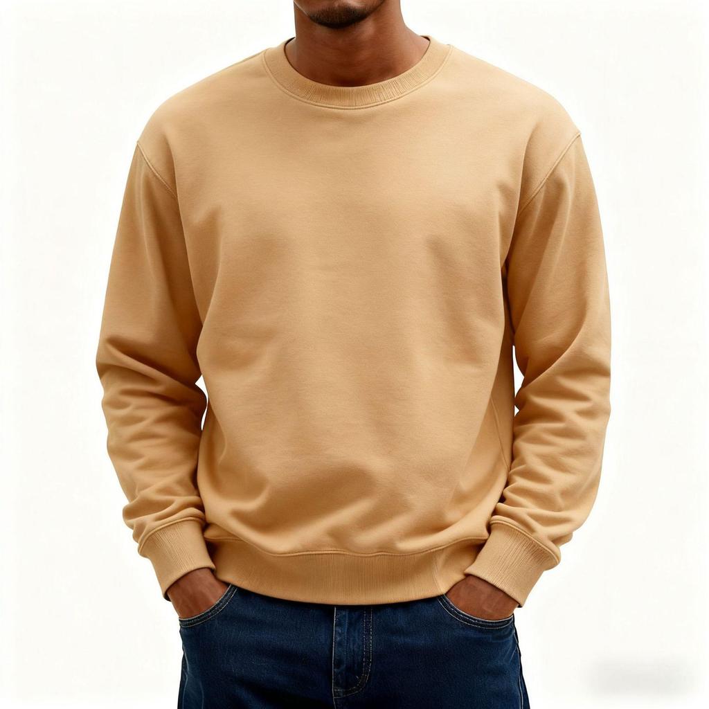 European Classic 2025 Solid Color Men's Loose Hoodie - Simple Round Neck, Autumn/Winter Long Sleeve T-Shirt