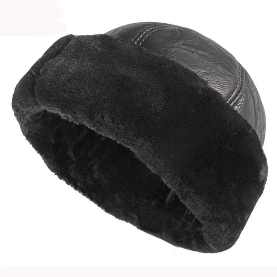 1 Pcs Thick Outdoor Warm Winter Hat Men Black Fur Leather Russian Male Windproof Snow Ski Cap Fleece Lined