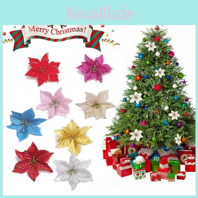 Vibrant 10x Christmas Large Poinsettia Glitter Flower Decorations For Holiday Cheer
