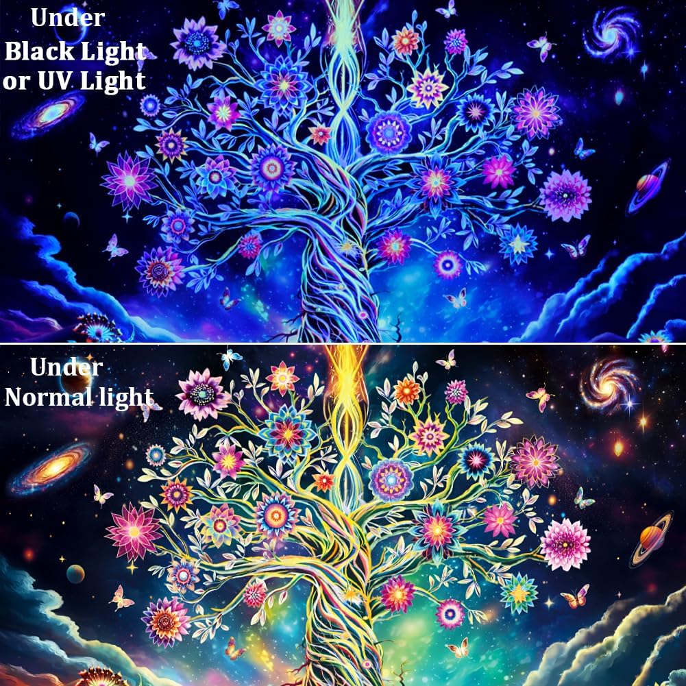 Ameyahud Blacklight Tree of Life Tapestry UV Reactive Neon Tree Tapestry Galaxy Space Tapestries Flower Floral Aesthetic Tapestries Fantasy Forest