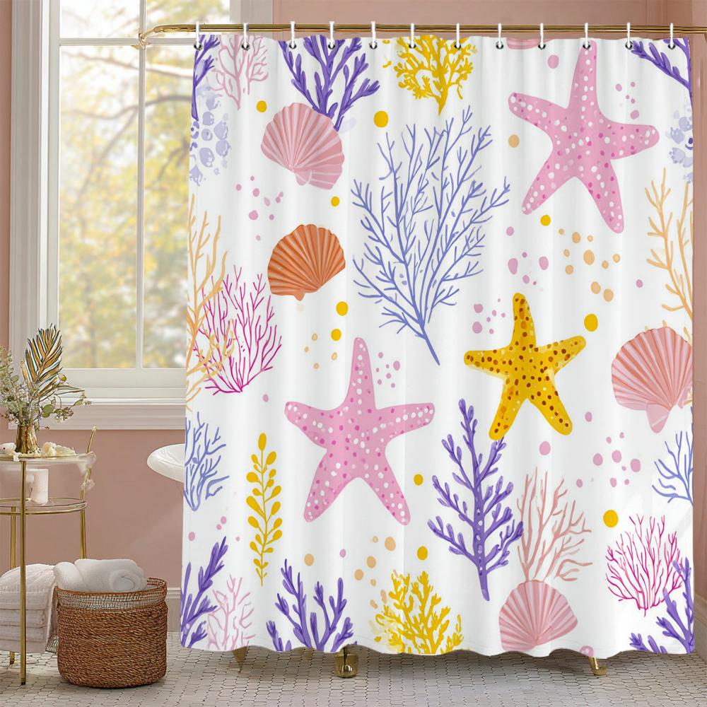 

Modern Watercolour Shell Textured Ocean Blue Shower Curtain, Bathroom Decorative Shower Curtain, Printed Fabric With Hooks W60H190(CM)-1 Pcs