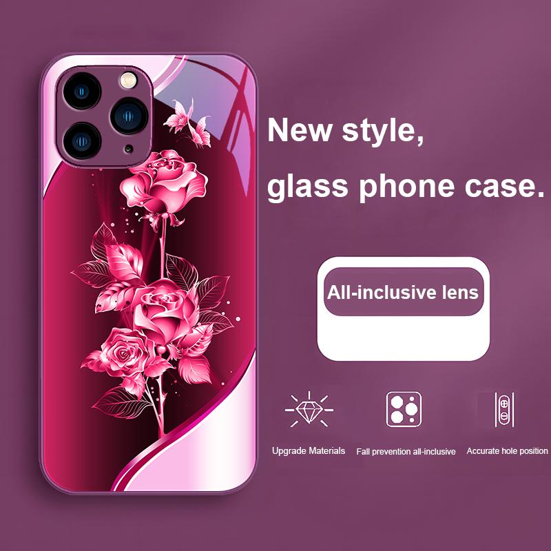 Dazzling Rose Brilliant Red Green For Iphone 15 14 13 12 11 Pro Max X XS XR 7 8 Plus 2020 2022 SE Tempered Glass Phone Case