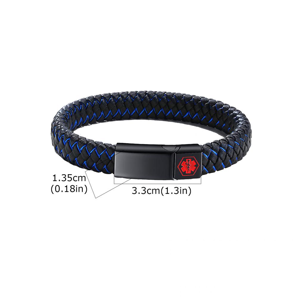 Bracelet d'identification médicale d'alerte gravé personnalisé, Bracelet jonc en cuir tressé à boucle magnétique en acier inoxydable pour hommes