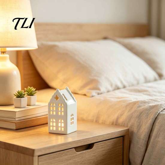 Desktop Artistic Ornament Ceramic House Shape Candle Holder, White Hollow Tea Light Holder Indoor Tabletop Holiday Decor Ornament, Miniature Figurine
